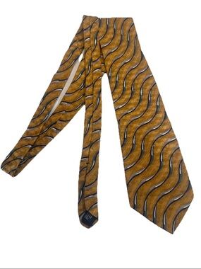 Oscar de La Renta Men's Tie Gold Navy Blue Gray 100% Silk Made In USA Vintage